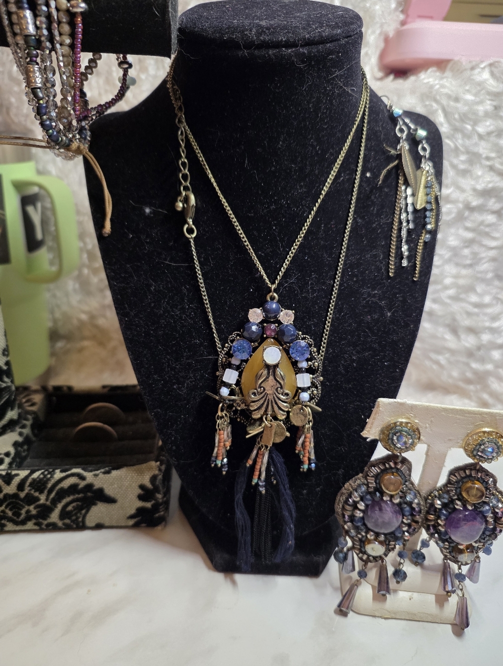 Elegant Purple and Gold Beaded Earrings, Necklace and Bracelet Set